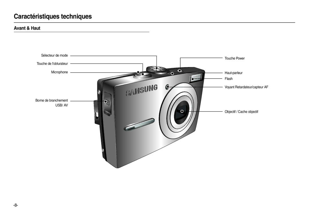 Samsung EC-L200ZRBA/FR, EC-L200ZBBA/FR, EC-L200ZSBA/FR, EC-L200ZPBA/FR manual Caractéristiques techniques, Avant & Haut 