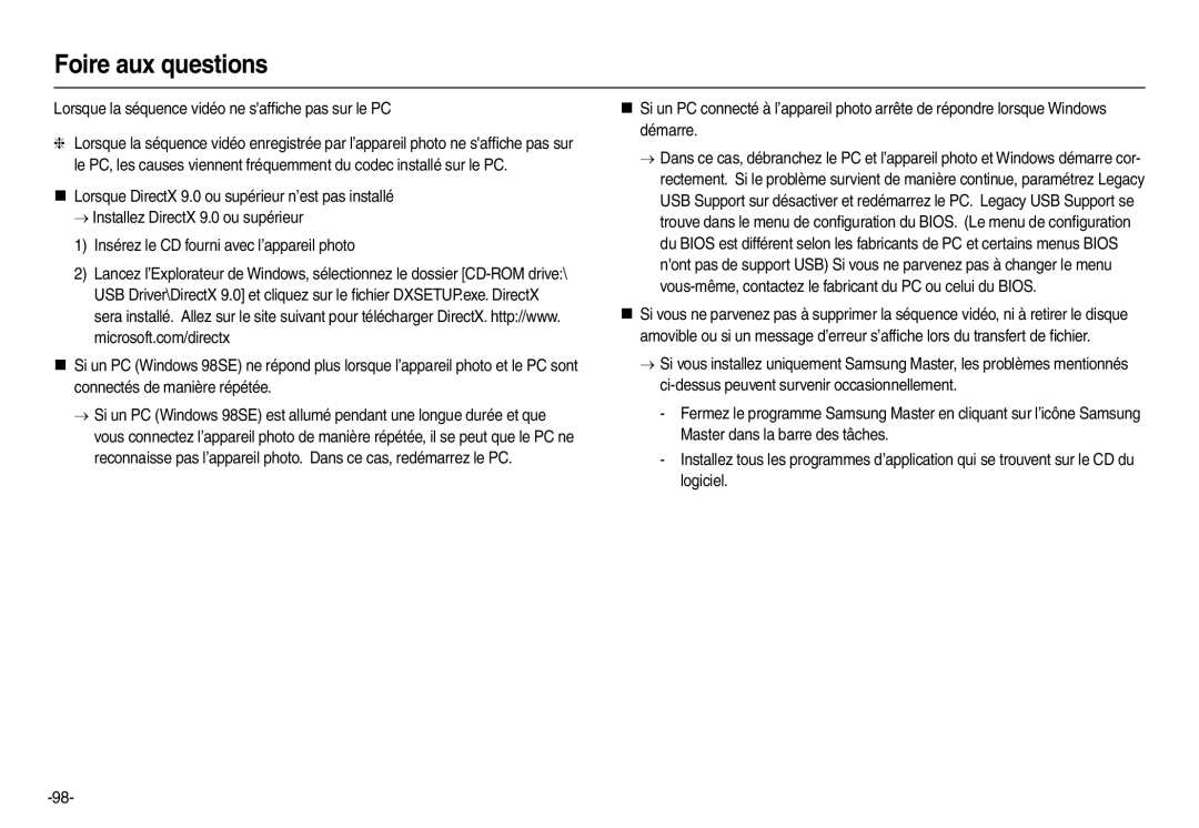 Samsung EC-L200ZPBA/FR, EC-L200ZBBA/FR, EC-L200ZRBA/FR, EC-L200ZSBA/FR Lorsque la séquence vidéo ne safﬁche pas sur le PC 