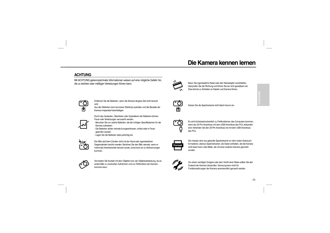 Samsung EC-L200ZRBA/FR, EC-L200ZBBA/FR, EC-L200ZSBA/FR, EC-L200ZPBA/FR, EC-L200ZSBB/IT manual Achtung, Die Kamera kennen lernen 