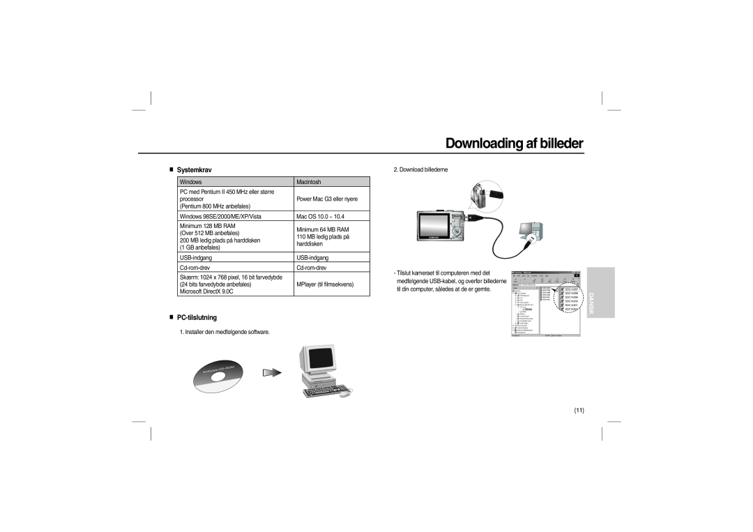 Samsung EC-L200ZBBA/FR, EC-L200ZRBA/FR, EC-L200ZSBA/FR manual Downloading af billeder, Systemkrav, PC-tilslutning, Dansk 