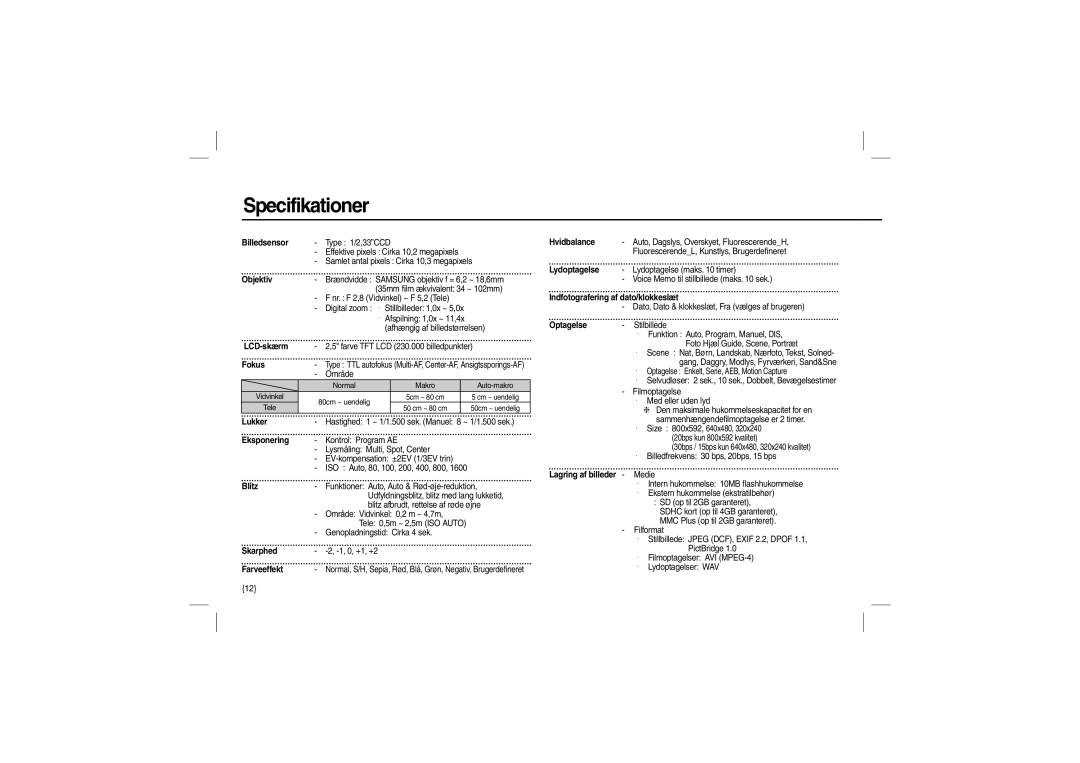 Samsung EC-L200ZRBA/FR, EC-L200ZBBA/FR, EC-L200ZSBA/FR, EC-L200ZPBA/FR, EC-L200ZSBB/IT, EC-L200ZBBB/IT manual Specifikationer 