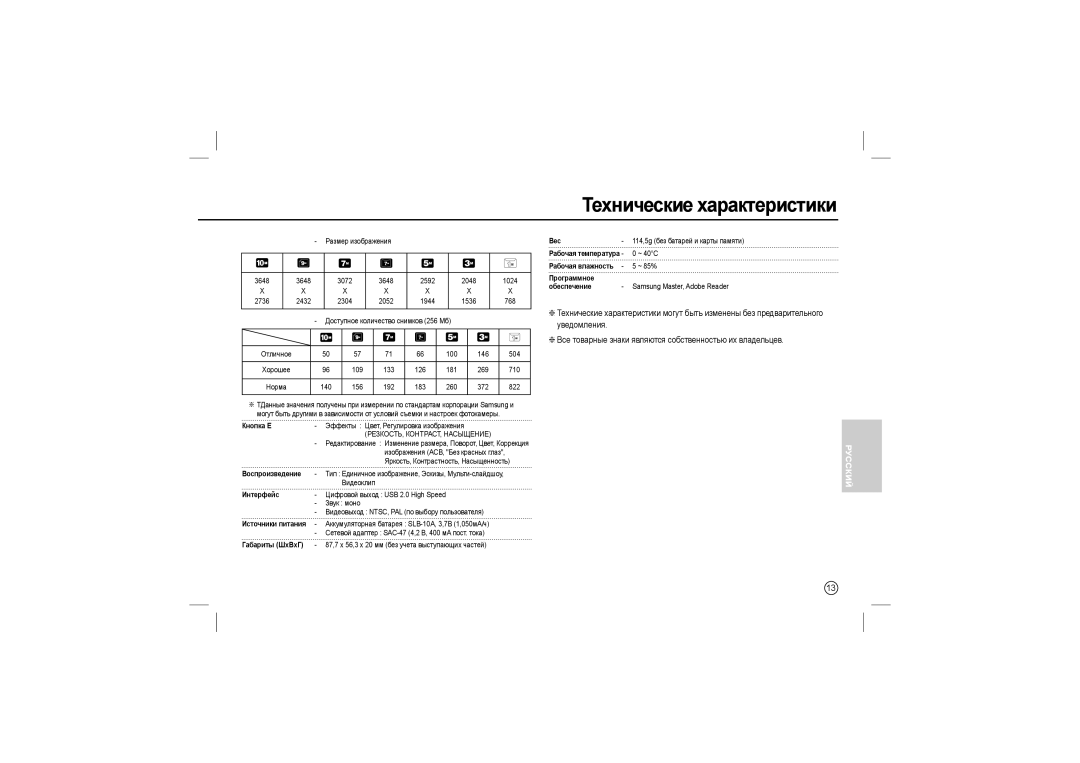 Samsung EC-L200ZBBA/LV manual Технические характеристики, Все товарные знаки являются собственностью их владельцев, Русский 