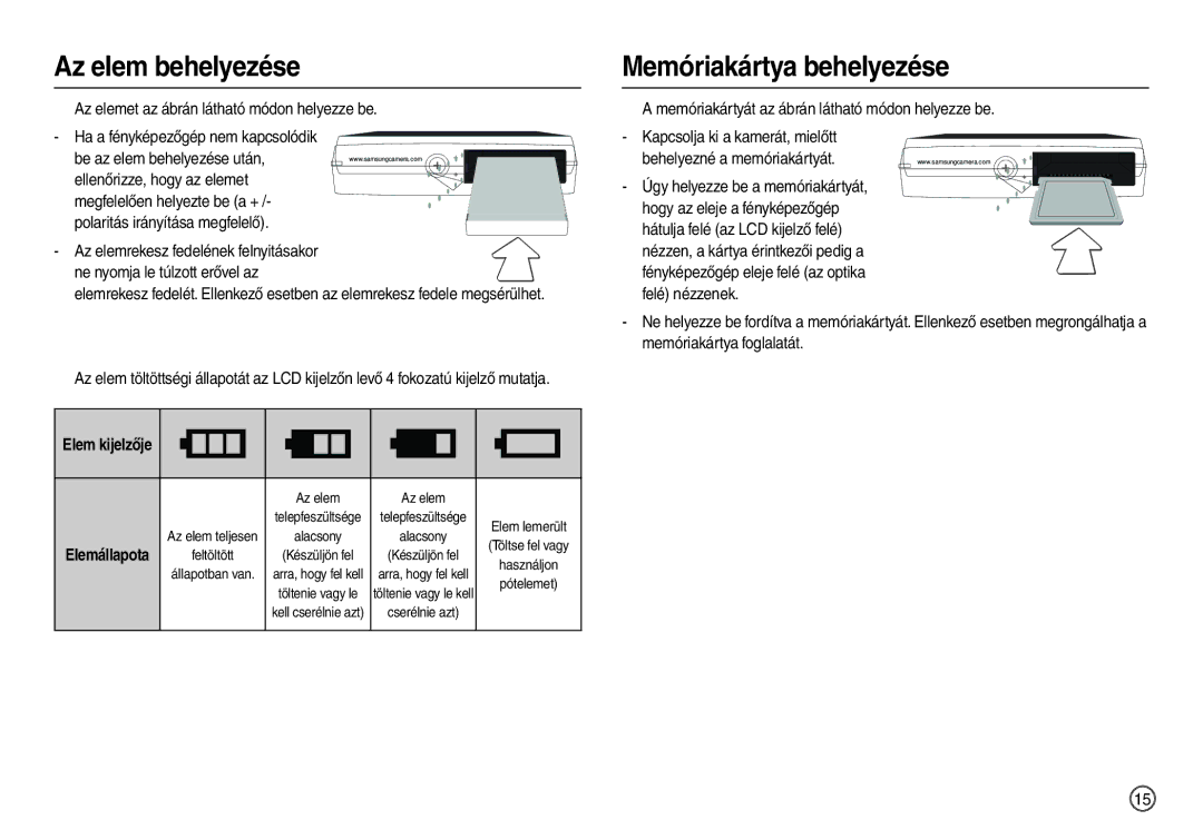 Samsung EC-L200ZSBB/IT manual Az elem behelyezése 