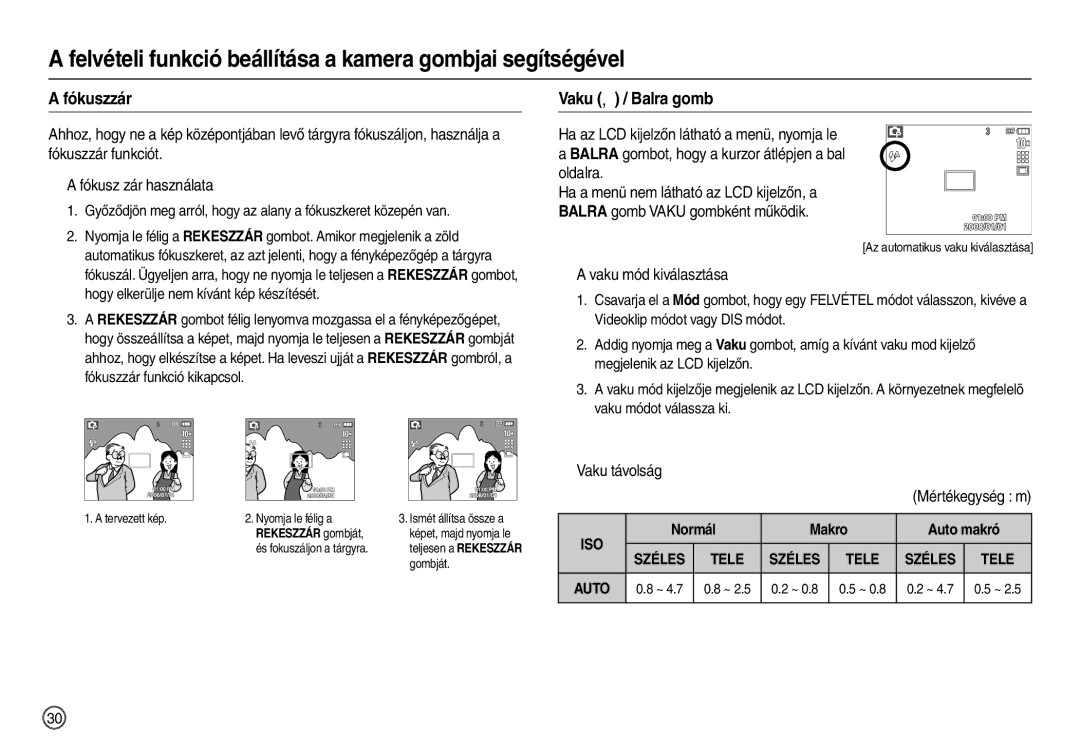 Samsung EC-L200ZSBB/IT manual Fókuszzár, Vaku  / Balra gomb, „ a vaku mód kiválasztása, „ Vaku távolság Mértékegység m 