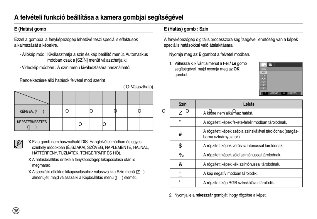 Samsung EC-L200ZSBB/IT manual Hatás gomb Szín, Gombot 