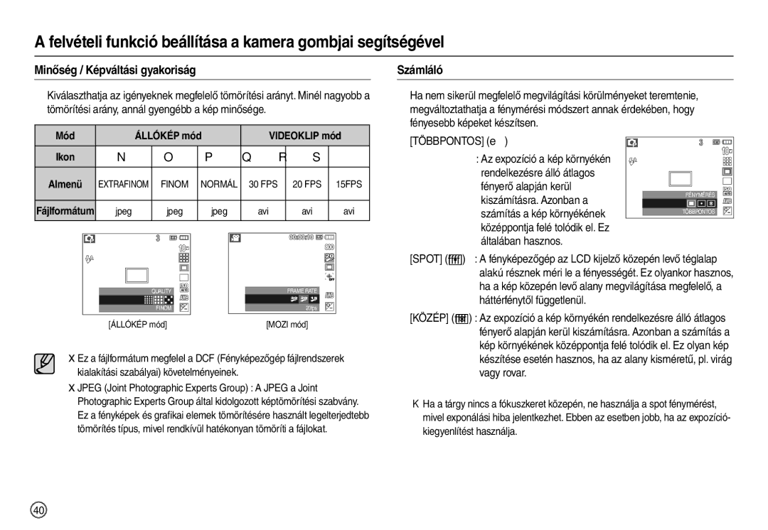 Samsung EC-L200ZSBB/IT manual Minőség / Képváltási gyakoriság, Számláló, Állókép mód Videoklip mód, Avi 