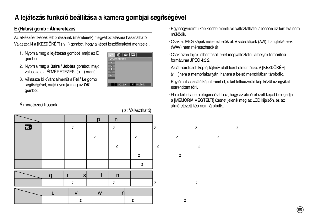 Samsung EC-L200ZSBB/IT manual Hatás gomb Átméretezés, „ Átméretezési típusok  Választható 