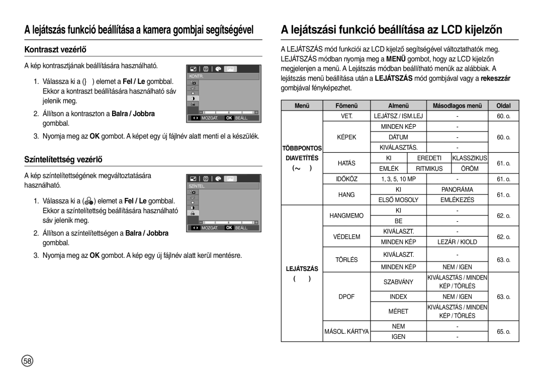 Samsung EC-L200ZSBB/IT manual Lejátszási funkció beállítása az LCD kijelzőn, Kontraszt vezérlő, Színtelítettség vezérlő 