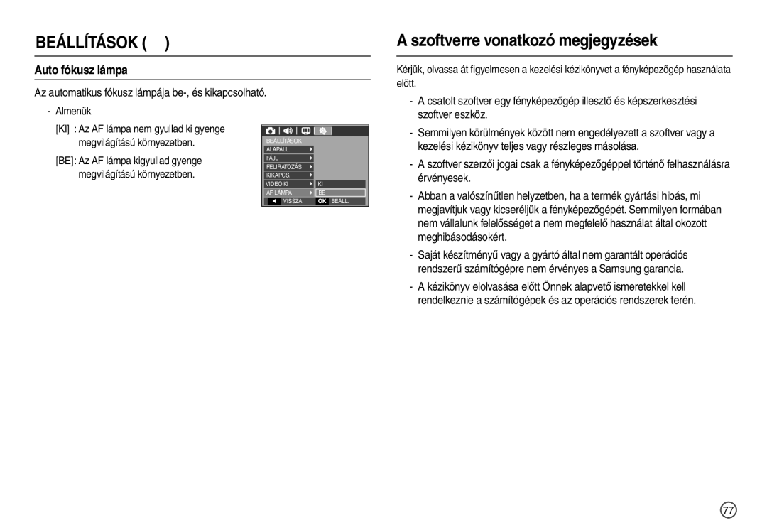 Samsung EC-L200ZSBB/IT manual Szoftverre vonatkozó megjegyzések, Auto fókusz lámpa 