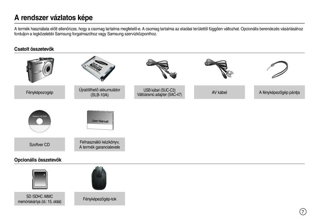 Samsung EC-L200ZSBB/IT manual Csatolt összetevők, Opcionális összetevők 