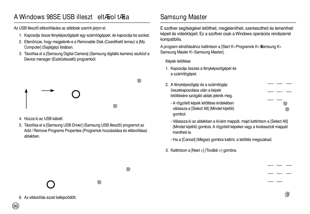 Samsung EC-L200ZSBB/IT manual Windows 98SE USB illesztő eltávolítása, Samsung Master 