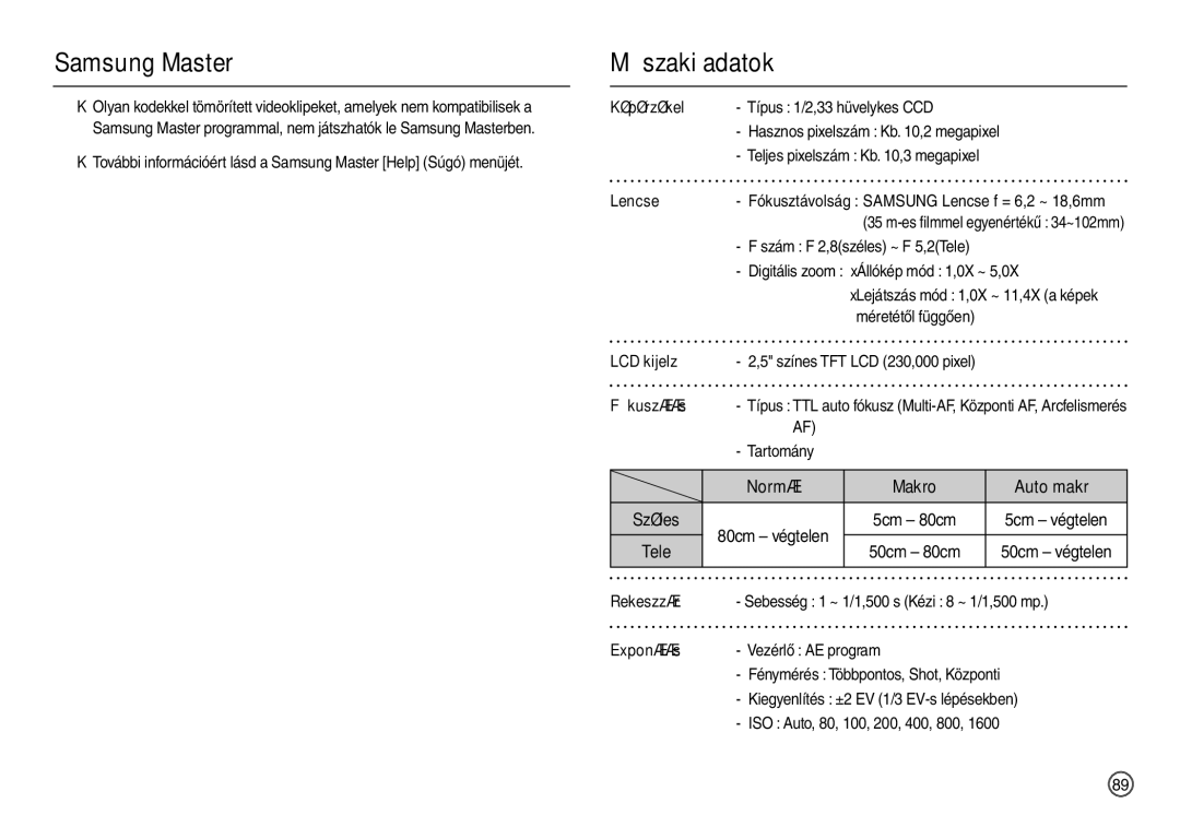 Samsung EC-L200ZSBB/IT manual Műszaki adatok 