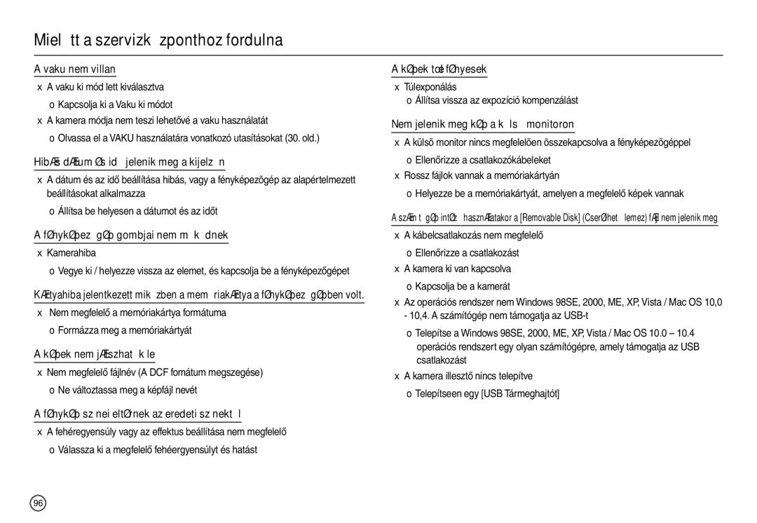 Samsung EC-L200ZSBB/IT manual Kamerahiba, Túlexponálás Állítsa vissza az expozíció kompenzálást 