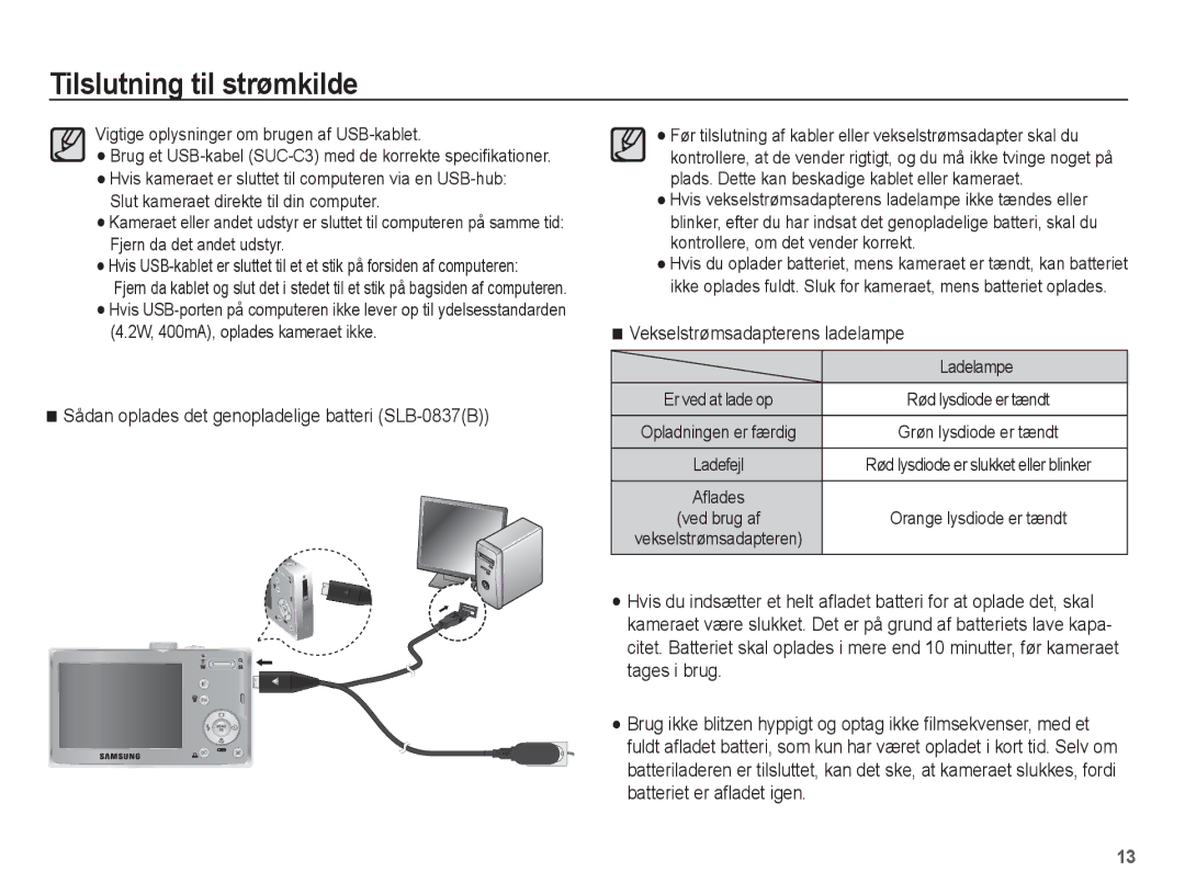 Samsung EC-L201ZUBA/E2 Sådan oplades det genopladelige batteri SLB-0837B, Vekselstrømsadapterens ladelampe, Ladelampe 