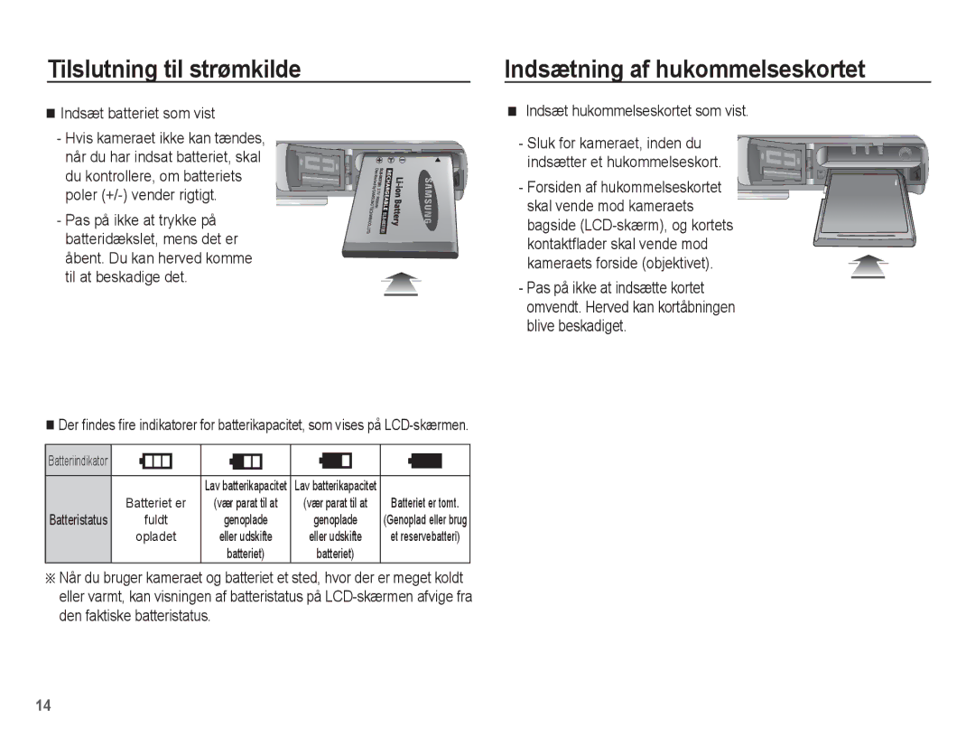 Samsung EC-L201ZBBA/E2 manual Indsætning af hukommelseskortet, Indsæt batteriet som vist, Indsæt hukommelseskortet som vist 