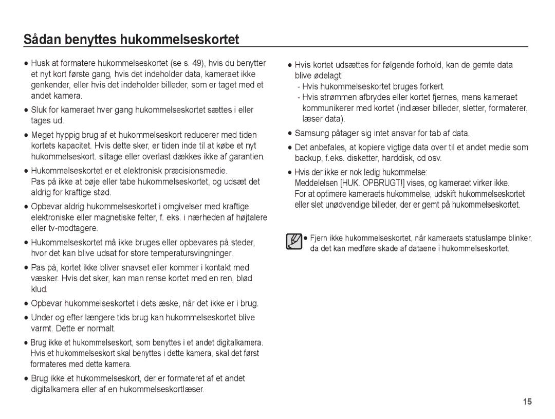 Samsung EC-L201ZPBA/E2, EC-L201ZBBA/E2, EC-L201ZSBA/E2, EC-L201ZEBA/E2, EC-L201ZUBA/E2 manual Sådan benyttes hukommelseskortet 