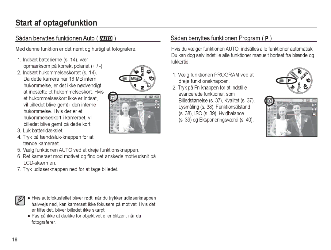 Samsung EC-L201ZUBA/E2 manual Start af optagefunktion, Sådan benyttes funktionen Auto μ, Sådan benyttes funktionen Program 