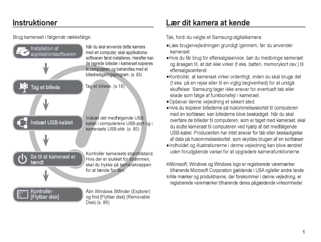 Samsung EC-L201ZSBA/E2 Instruktioner, Lær dit kamera at kende, Brug kameraet i følgende rækkefølge, Tag et billede. s.18 