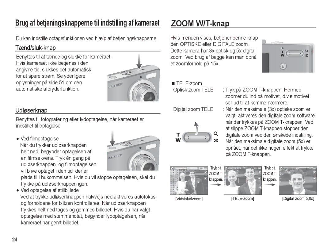 Samsung EC-L201ZBBA/E2, EC-L201ZPBA/E2, EC-L201ZSBA/E2, EC-L201ZEBA/E2 manual Zoom W/T-knap, Tænd/sluk-knap, Udløserknap 