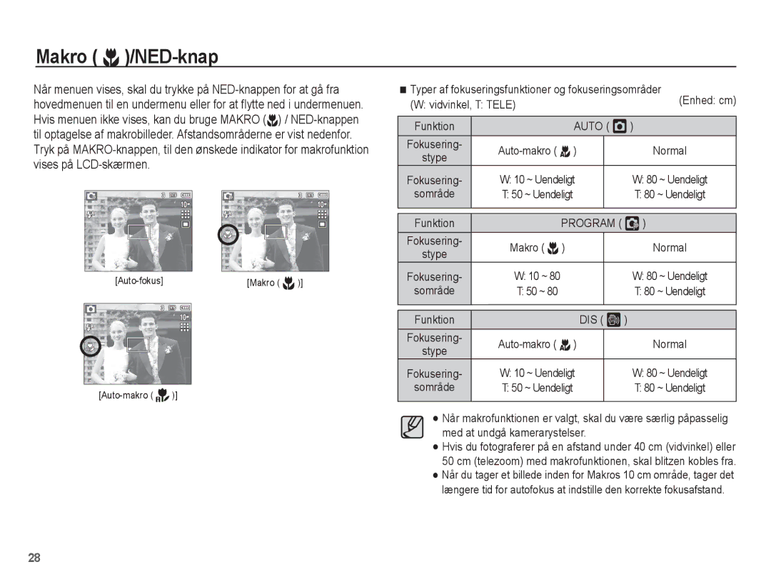 Samsung EC-L201ZUBA/E2, EC-L201ZBBA/E2, EC-L201ZPBA/E2, EC-L201ZSBA/E2, EC-L201ZEBA/E2 manual Makro e/NED-knap, Auto Š, DIS ÿ 