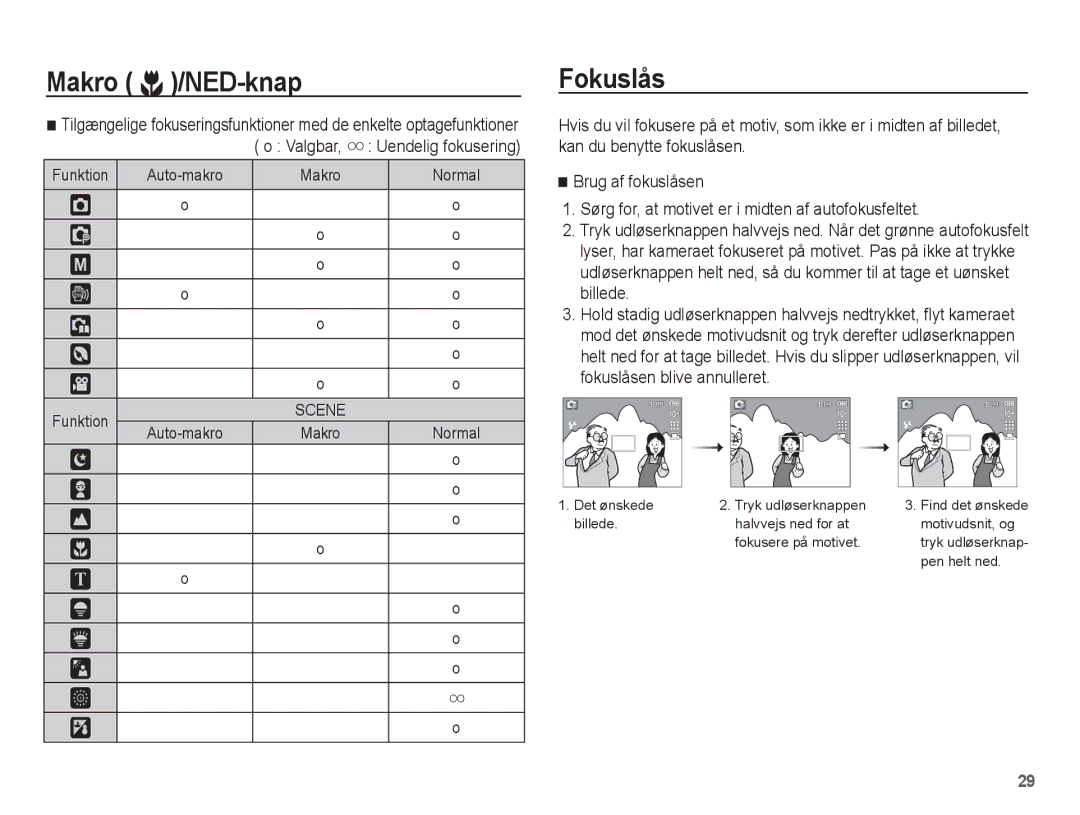 Samsung EC-L201ZBBA/E2, EC-L201ZPBA/E2, EC-L201ZSBA/E2, EC-L201ZEBA/E2, EC-L201ZUBA/E2 manual Fokuslås, Valgbar 