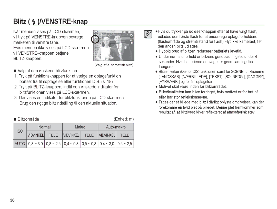 Samsung EC-L201ZPBA/E2, EC-L201ZBBA/E2, EC-L201ZSBA/E2 manual Blitz /VENSTRE-knap, Valg af den ønskede blitzfunktion, Iso 