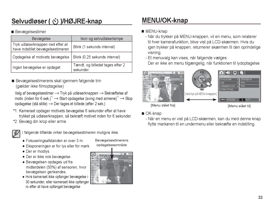 Samsung EC-L201ZUBA/E2, EC-L201ZBBA/E2 MENU/OK-knap, Bevægelsestimer, Gælder ikke ﬁlmoptagelse, Bevæg din krop eller arme 