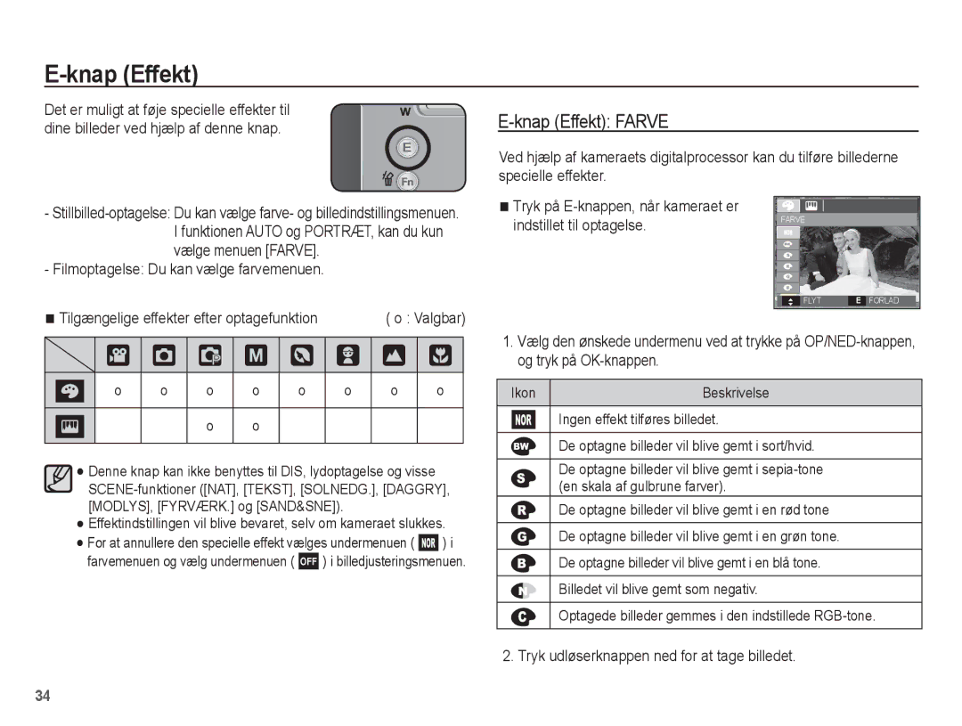 Samsung EC-L201ZBBA/E2, EC-L201ZPBA/E2, EC-L201ZSBA/E2 manual † Š ‰, Knap Effekt Farve, En skala af gulbrune farver 