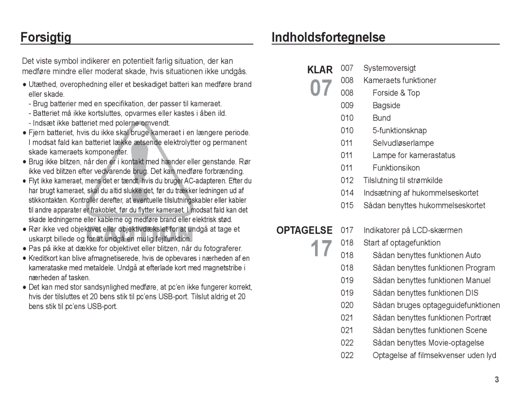 Samsung EC-L201ZUBA/E2, EC-L201ZBBA/E2, EC-L201ZPBA/E2, EC-L201ZSBA/E2, EC-L201ZEBA/E2 manual Forsigtig, Indholdsfortegnelse 