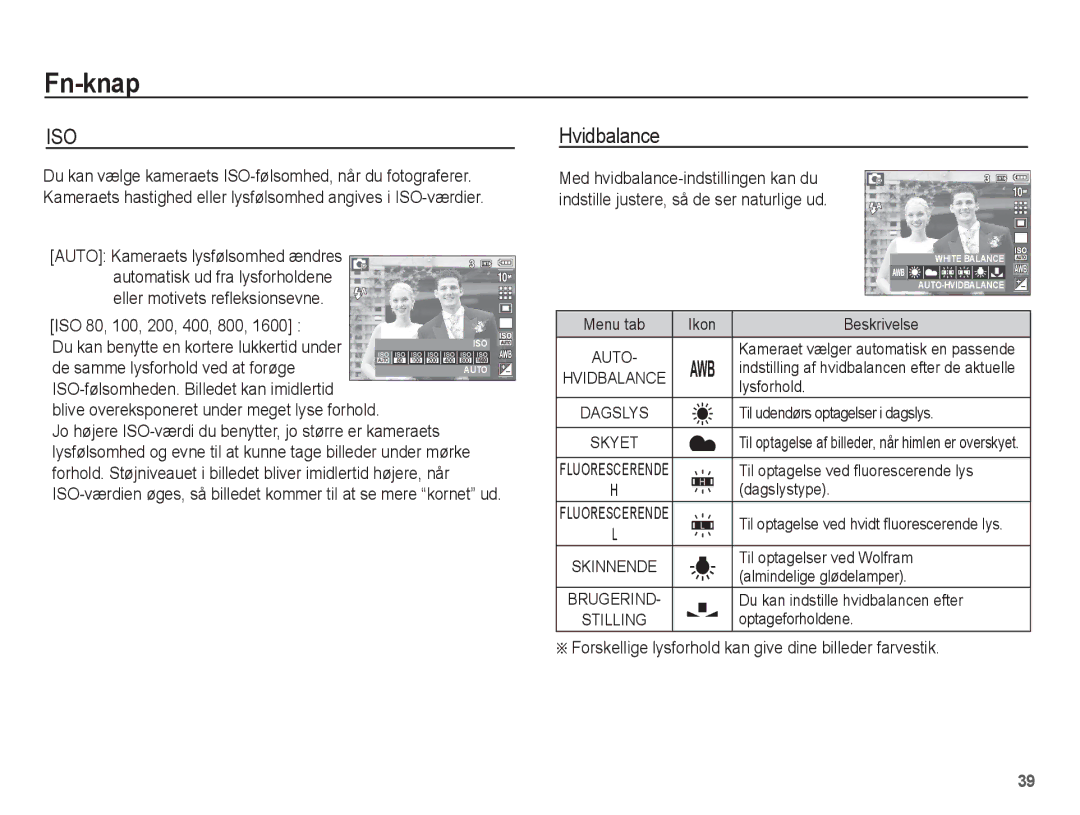 Samsung EC-L201ZBBA/E2 manual Hvidbalance, De samme lysforhold ved at forøge, Blive overeksponeret under meget lyse forhold 