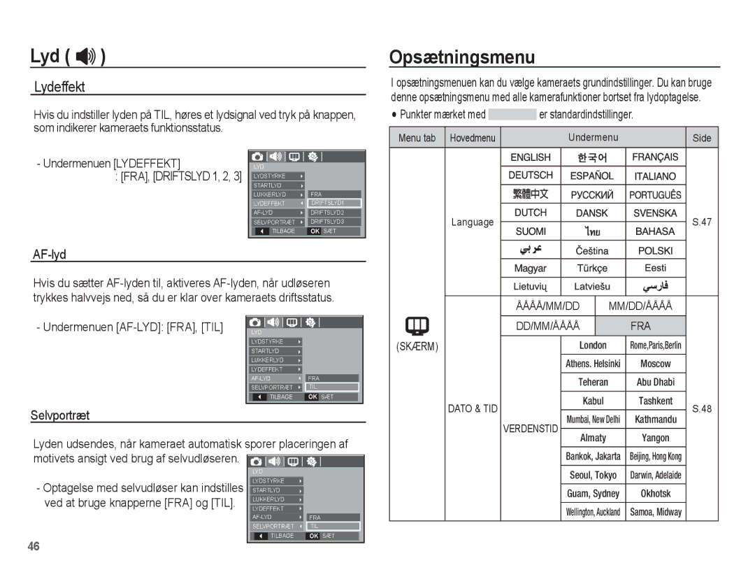 Samsung EC-L201ZSBA/E2, EC-L201ZBBA/E2, EC-L201ZPBA/E2, EC-L201ZEBA/E2 manual Opsætningsmenu, Undermenuen Lydeffekt 