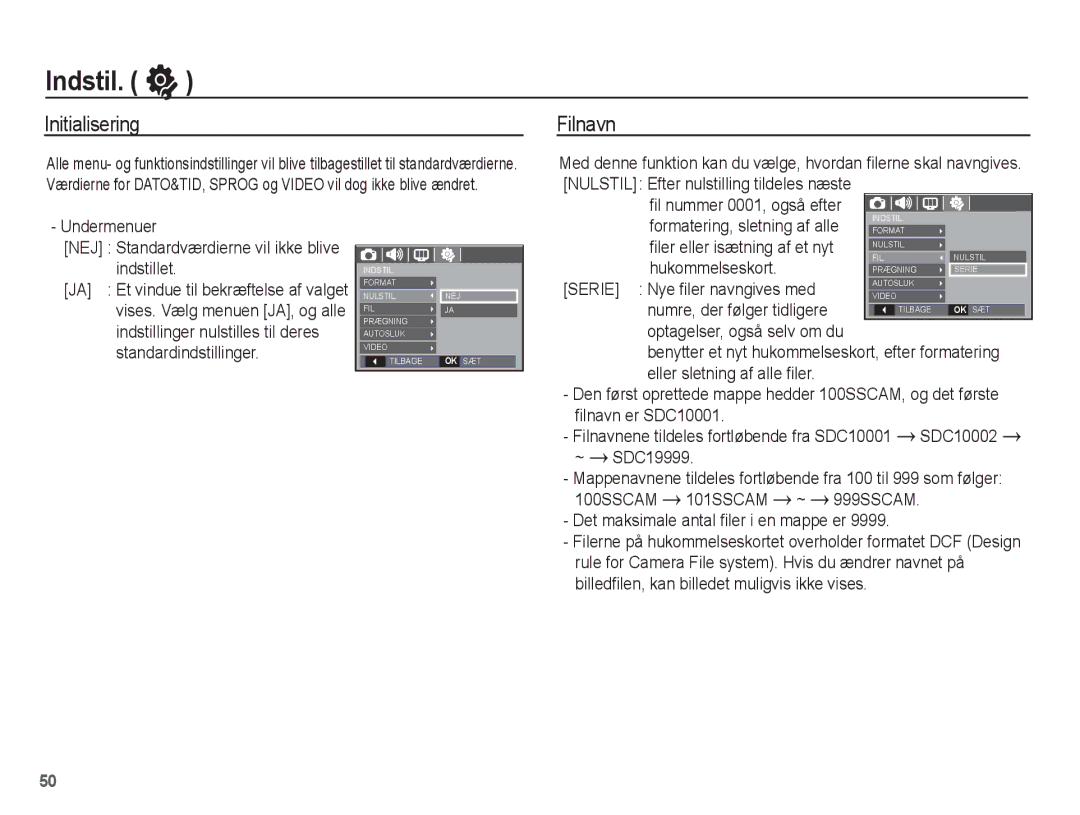 Samsung EC-L201ZPBA/E2 Initialisering, Filnavn, Hukommelseskort, Serie Nye ﬁler navngives med, Numre, der følger tidligere 