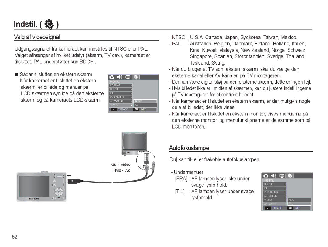 Samsung EC-L201ZEBA/E2 manual Valg af videosignal, Autofokuslampe, Ntsc U.S.A, Canada, Japan, Sydkorea, Taiwan, Mexico 