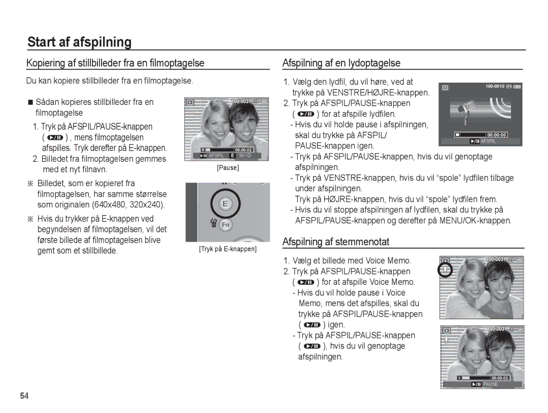 Samsung EC-L201ZBBA/E2, EC-L201ZPBA/E2 manual Kopiering af stillbilleder fra en filmoptagelse, Afspilning af en lydoptagelse 