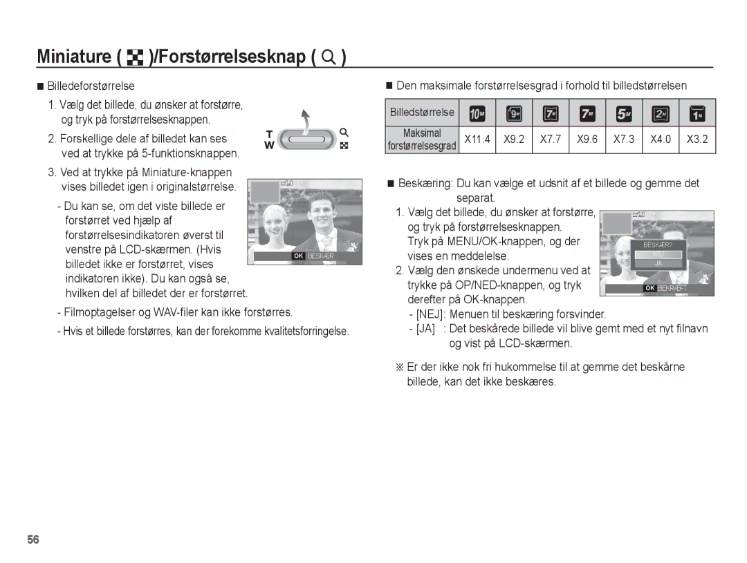 Samsung EC-L201ZSBA/E2, EC-L201ZBBA/E2 manual Miniature º /Forstørrelsesknap í, Billedeforstørrelse, X9.2 X7.7, X4.0 X3.2 