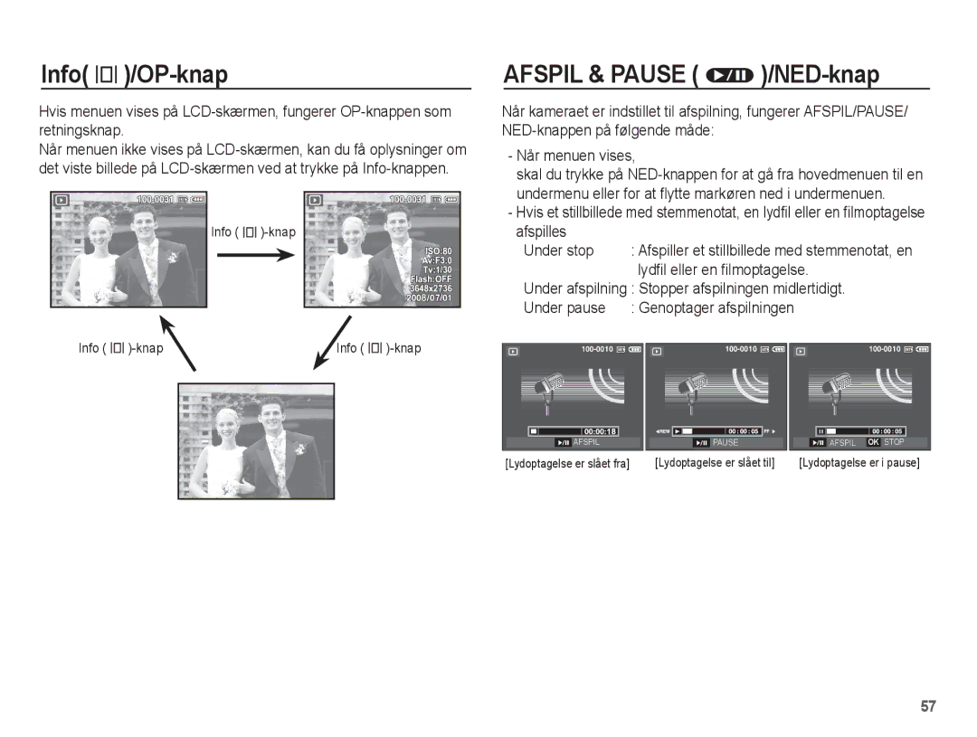 Samsung EC-L201ZEBA/E2, EC-L201ZBBA/E2 manual Info î/OP-knap, Afspil & Pause Ø/NED-knap, Lydfil eller en filmoptagelse 