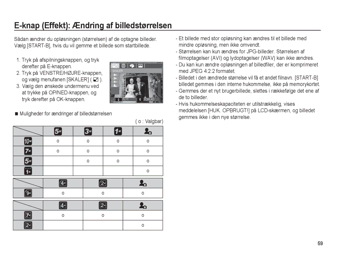 Samsung EC-L201ZBBA/E2, EC-L201ZPBA/E2, EC-L201ZSBA/E2, EC-L201ZEBA/E2 manual Knap Effekt Ændring af billedstørrelsen 