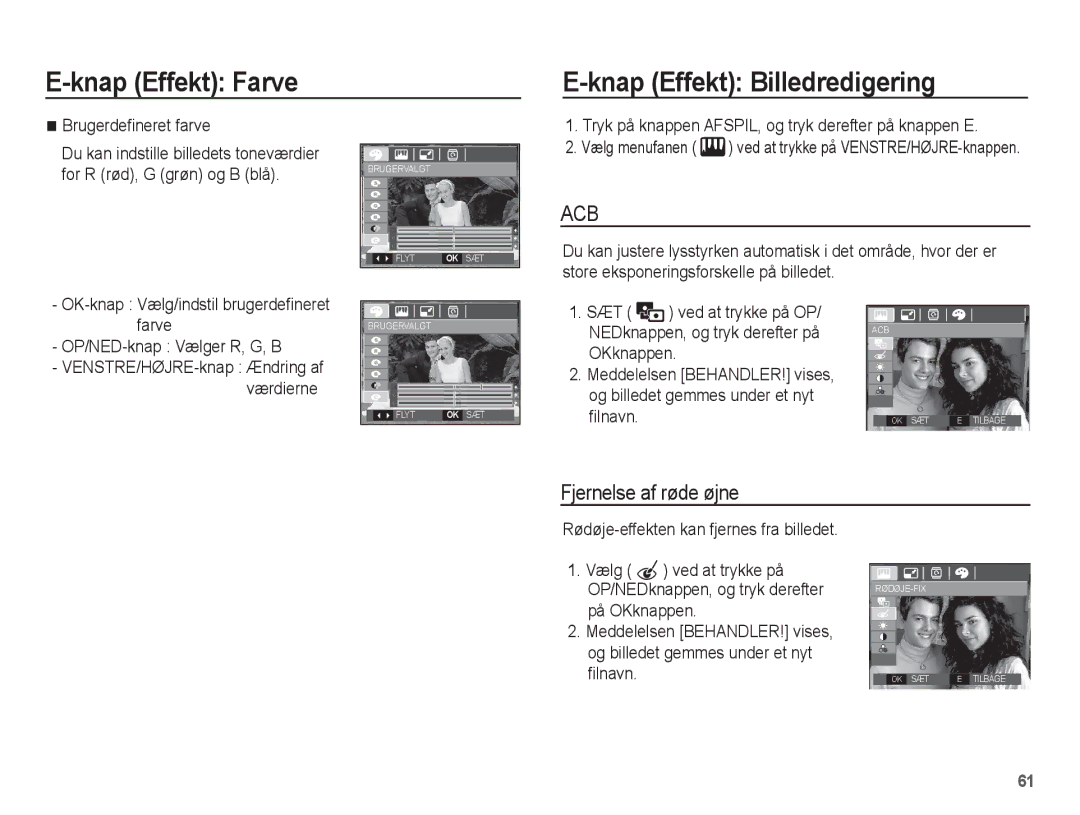 Samsung EC-L201ZSBA/E2 manual Knap Effekt Farve Knap Effekt Billedredigering, Fjernelse af røde øjne, Brugerdefineret farve 