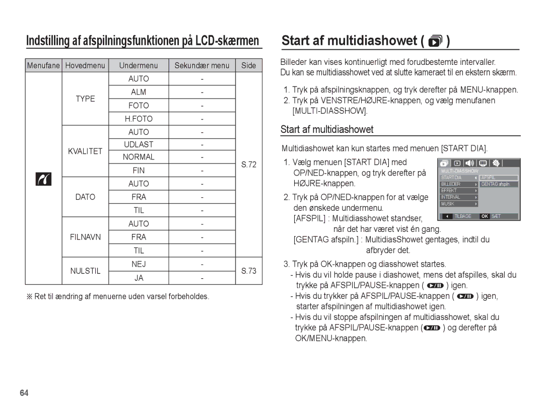 Samsung EC-L201ZBBA/E2, EC-L201ZPBA/E2, EC-L201ZSBA/E2 Start af multidiashowet , HØJRE-knappen, Den ønskede undermenu, Alm 