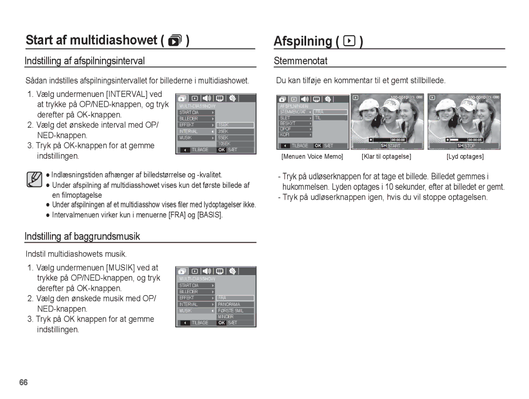 Samsung EC-L201ZSBA/E2 manual Afspilning à, Indstilling af afspilningsinterval, Stemmenotat, Indstilling af baggrundsmusik 