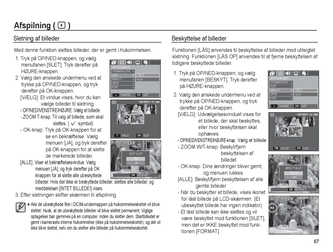 Samsung EC-L201ZEBA/E2, EC-L201ZBBA/E2, EC-L201ZPBA/E2, EC-L201ZSBA/E2 manual Sletning af billeder, Beskyttelse af billeder 