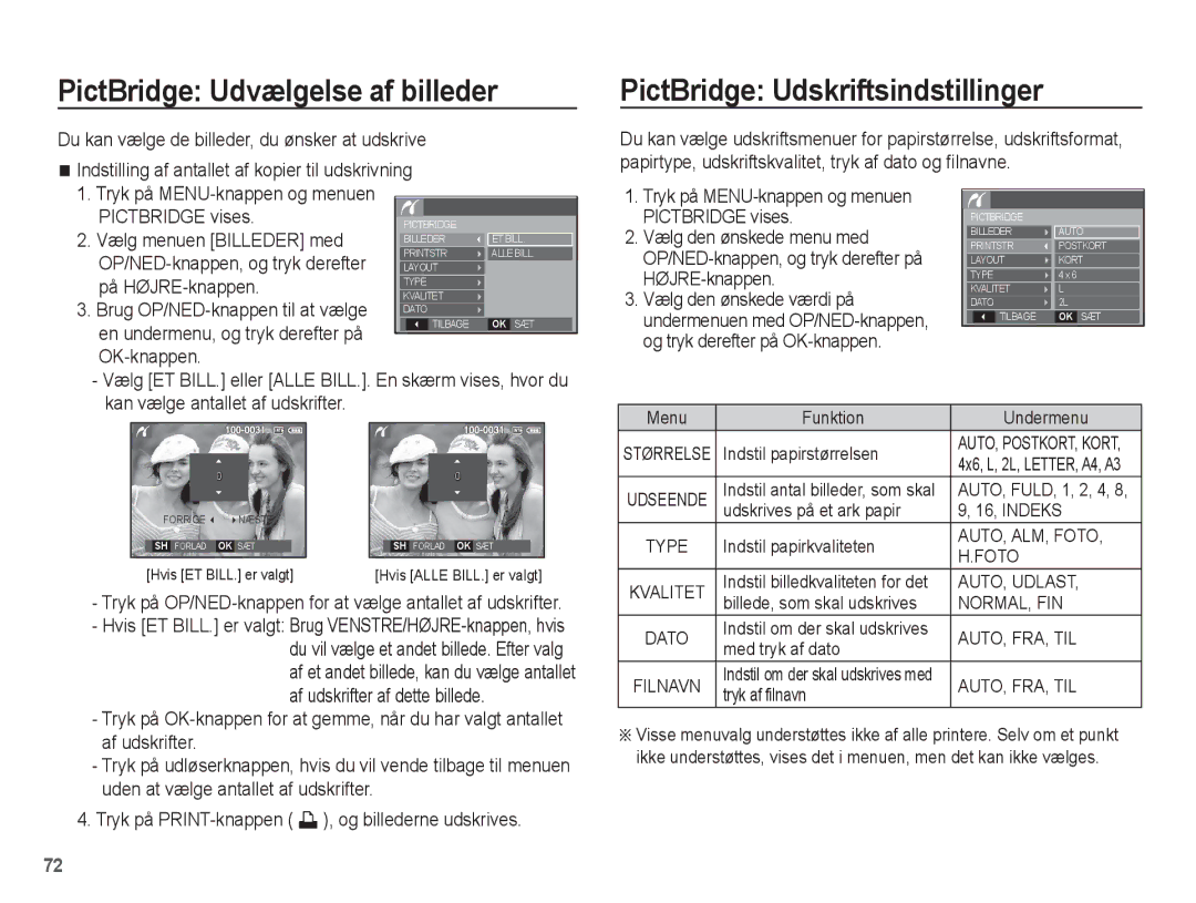 Samsung EC-L201ZEBA/E2, EC-L201ZBBA/E2, EC-L201ZPBA/E2 PictBridge Udvælgelse af billeder, PictBridge Udskriftsindstillinger 