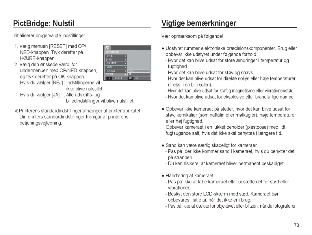 Samsung EC-L201ZUBA/E2, EC-L201ZBBA/E2, EC-L201ZPBA/E2, EC-L201ZSBA/E2 manual PictBridge Nulstil, Vigtige bemærkninger 