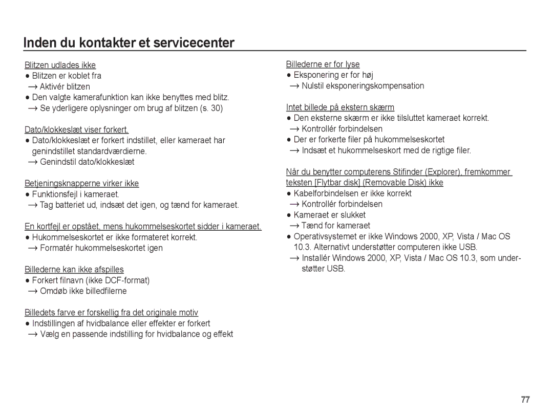 Samsung EC-L201ZEBA/E2, EC-L201ZBBA/E2, EC-L201ZPBA/E2 manual Blitzen udlades ikke Blitzen er koblet fra Aktivér blitzen 