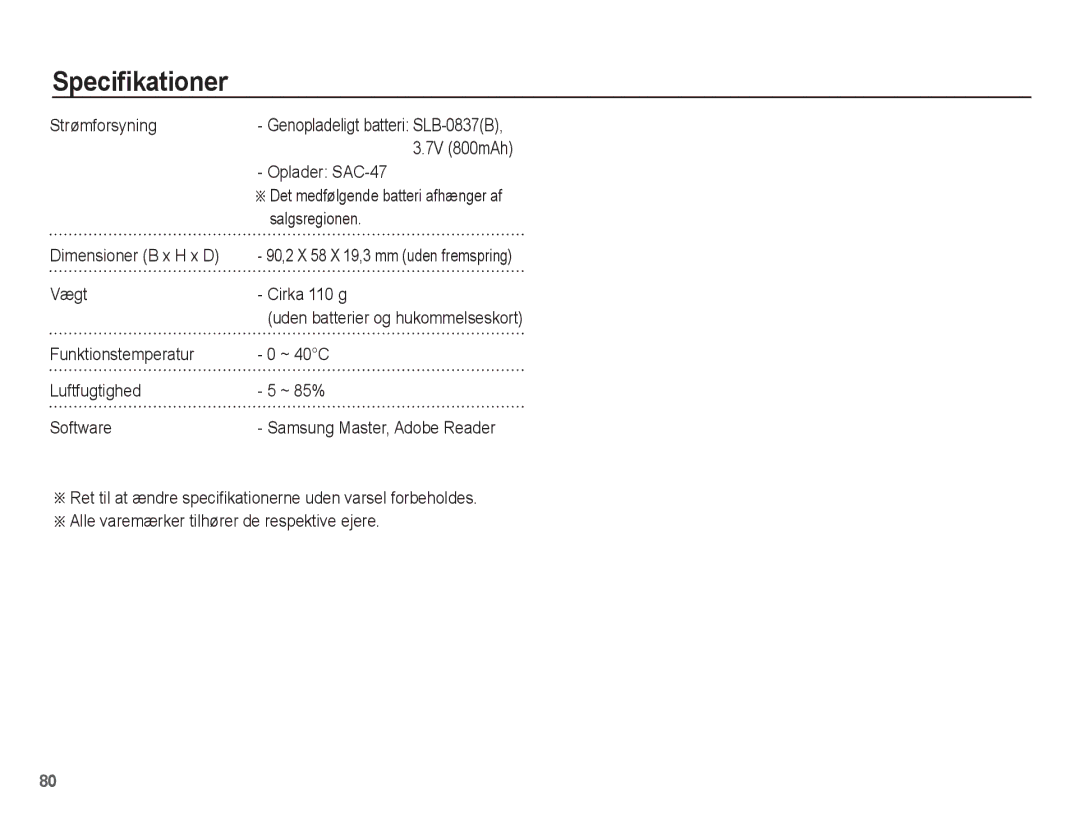 Samsung EC-L201ZPBA/E2, EC-L201ZBBA/E2, EC-L201ZSBA/E2 manual Strømforsyning, Oplader SAC-47, Salgsregionen, Vægt Cirka 110 g 