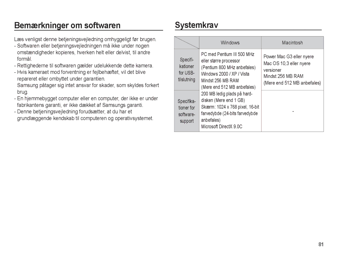 Samsung EC-L201ZSBA/E2, EC-L201ZBBA/E2, EC-L201ZPBA/E2, EC-L201ZEBA/E2, EC-L201ZUBA/E2 Bemærkninger om softwaren, Systemkrav 