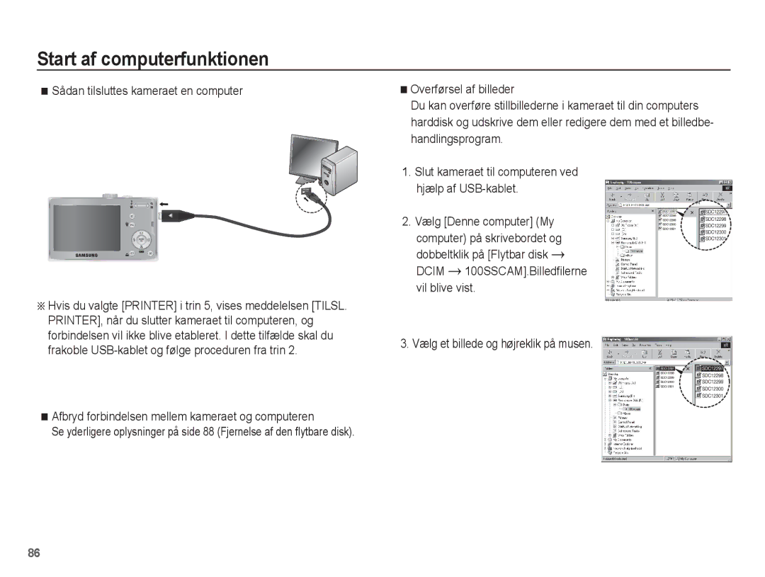 Samsung EC-L201ZSBA/E2 manual Sådan tilsluttes kameraet en computer, Afbryd forbindelsen mellem kameraet og computeren 