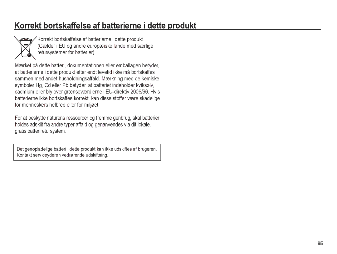 Samsung EC-L201ZPBA/E2, EC-L201ZBBA/E2, EC-L201ZSBA/E2, EC-L201ZEBA/E2 Korrekt bortskaffelse af batterierne i dette produkt 