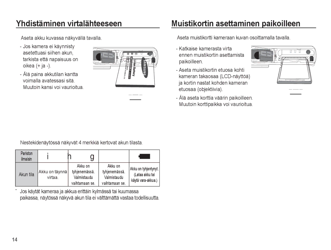 Samsung EC-L201ZBBA/E2, EC-L201ZPBA/E2, EC-L201ZSBA/E2 manual Muistikortin asettaminen paikoilleen, Etuosaa objektiivia 