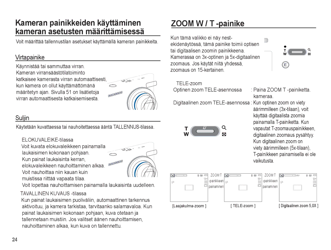 Samsung EC-L201ZBBA/E2, EC-L201ZPBA/E2, EC-L201ZSBA/E2, EC-L201ZEBA/E2 manual Zoom W / T -painike, Virtapainike, Suljin 